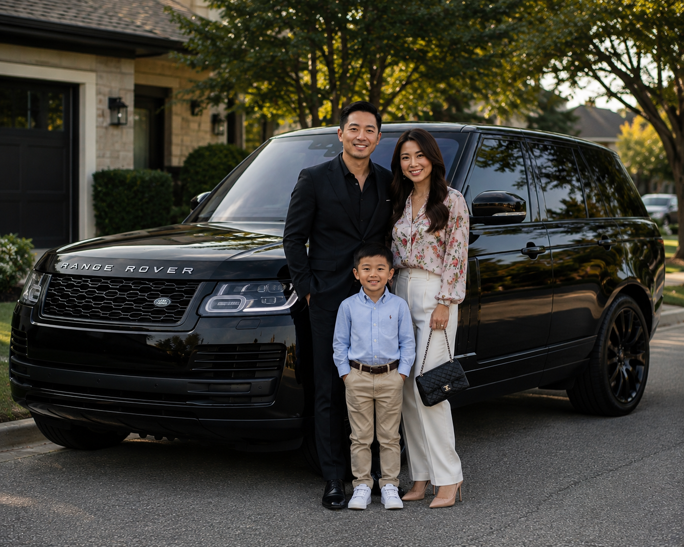Couple posing beside a black Range Rover
