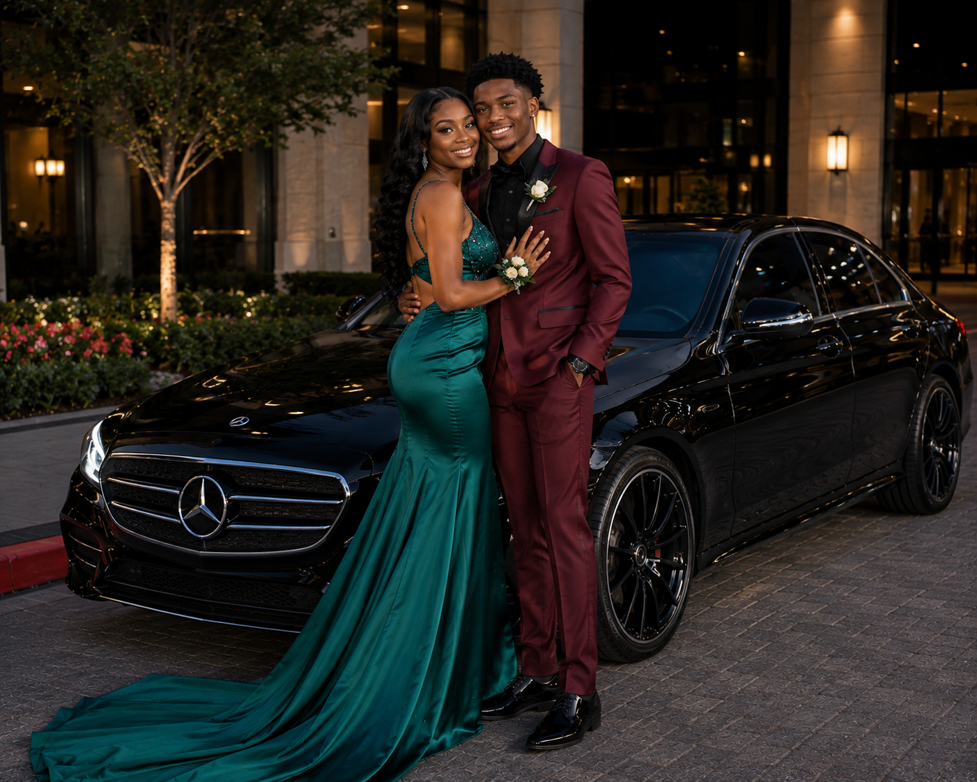 Couple dressed for prom beside a black Mercedes-Benz S-Class