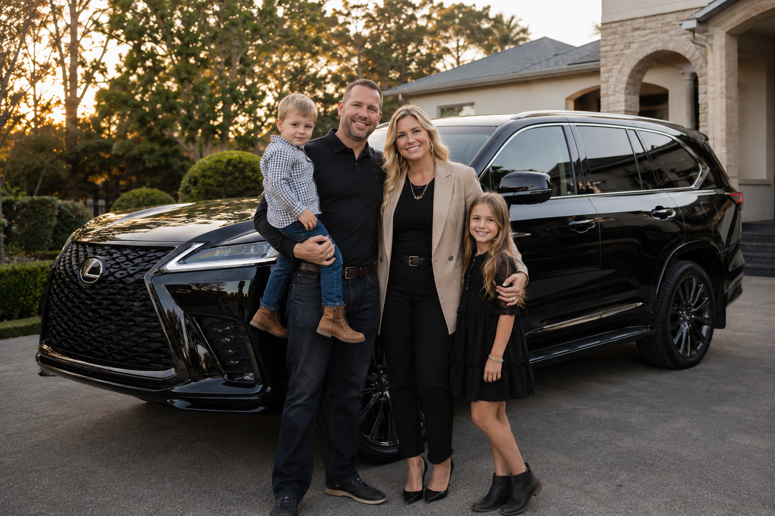 Family beside a black Lexus LX 600