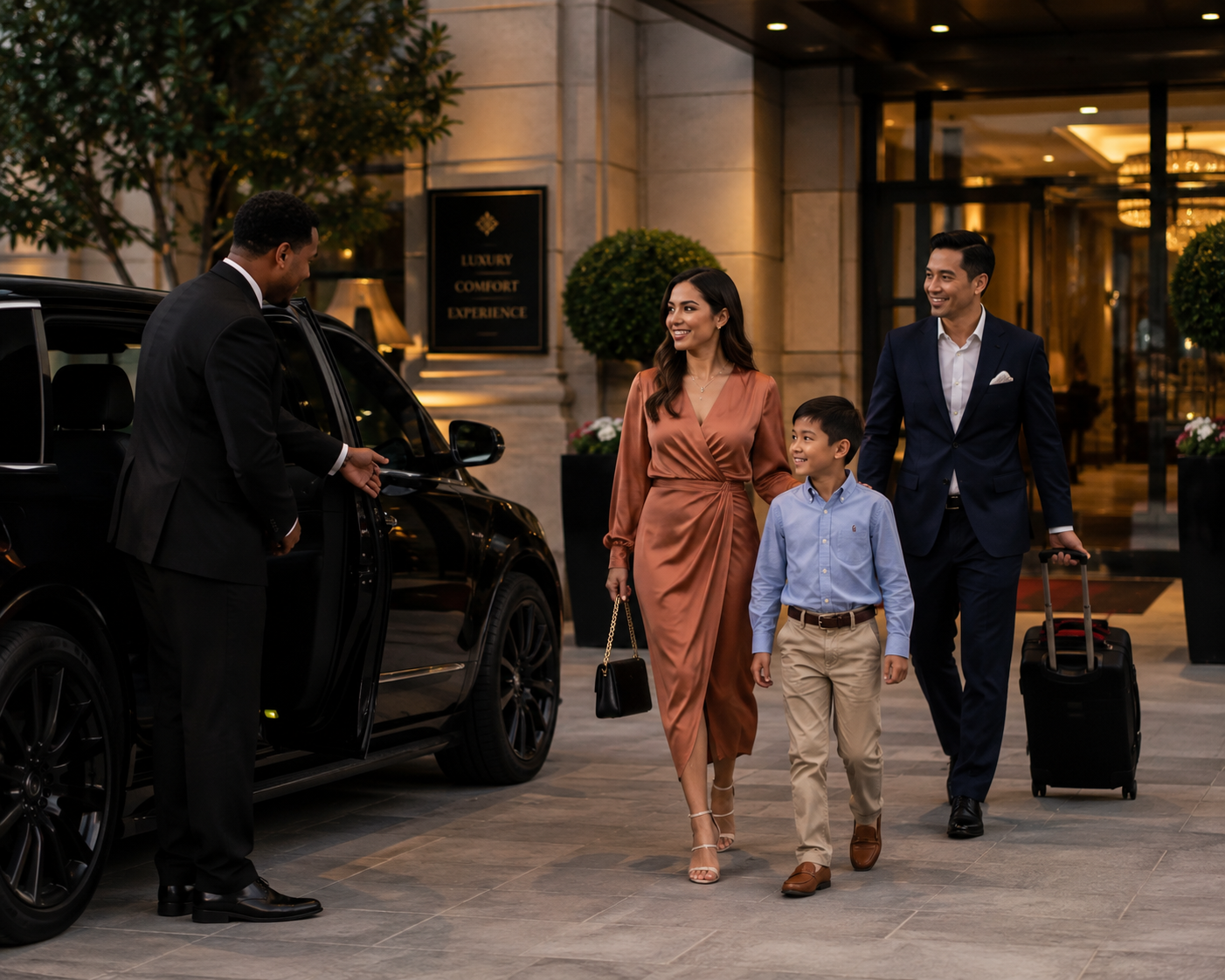 Family arriving at a luxury hotel with chauffeured SUV service